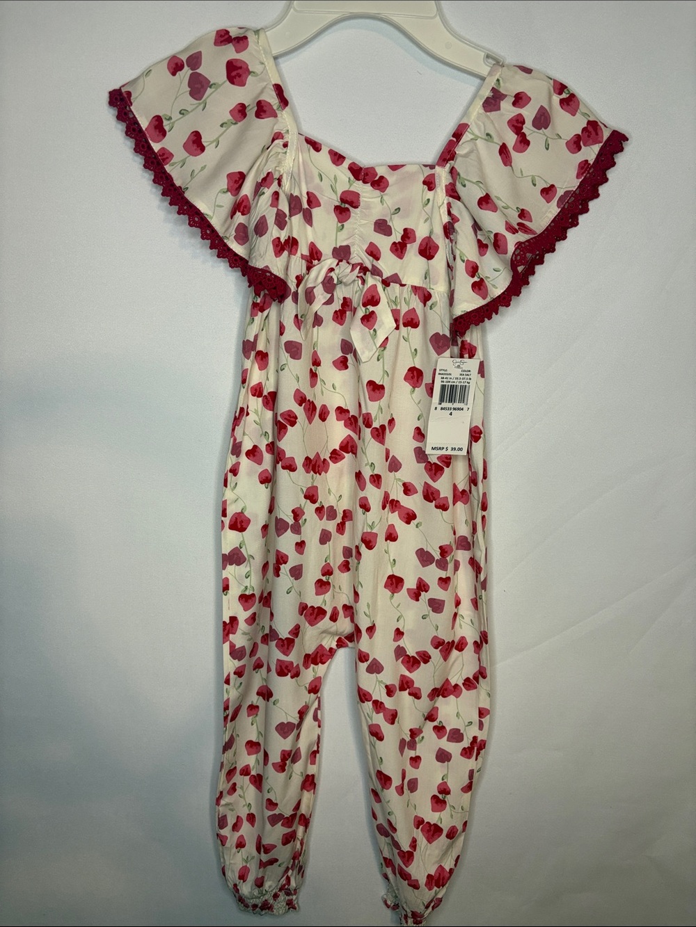 Jessica Simpson Cream/Rose Petals Print Off-Shoulder Romper with Red Trim Size-4